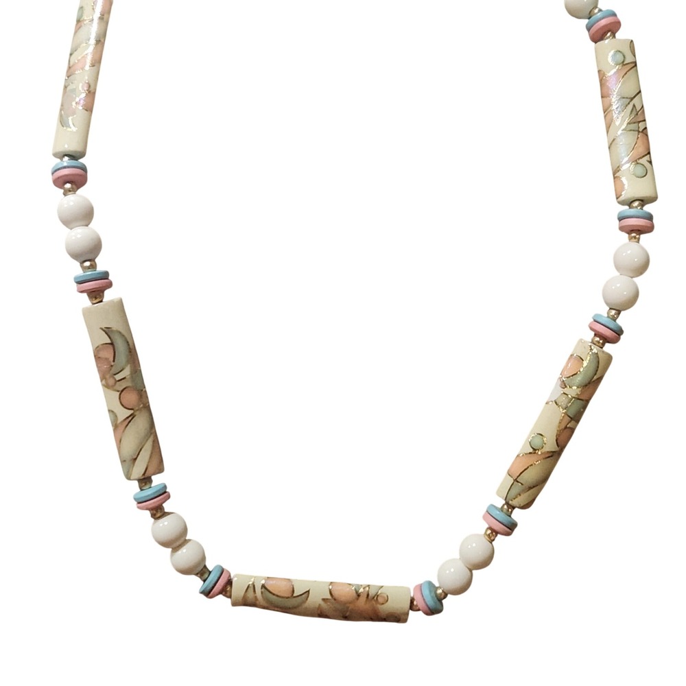Vintage‎ Japan Ceramic Bead Necklace Pastel Pink Blue White Abstract Tube Beads